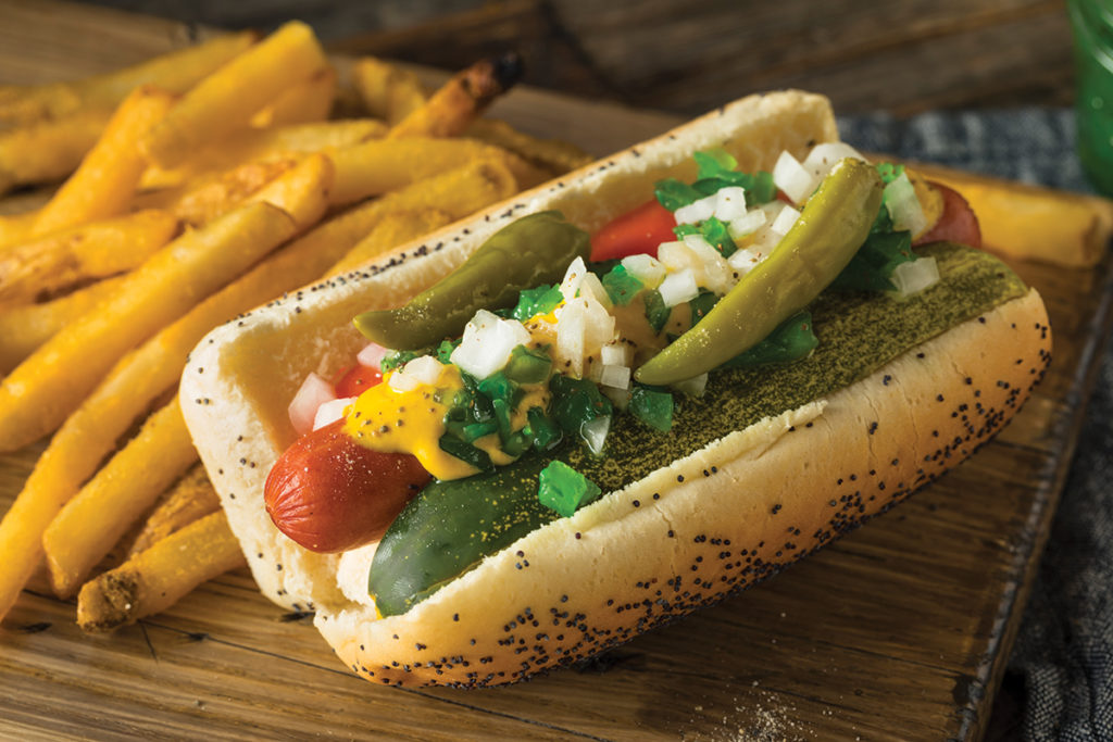 Homemade Chicago Style Hot Dog with Mustard Homemade Chicago Style Hot Dog with Mustard Pickles Relish Tomato and Peppers
