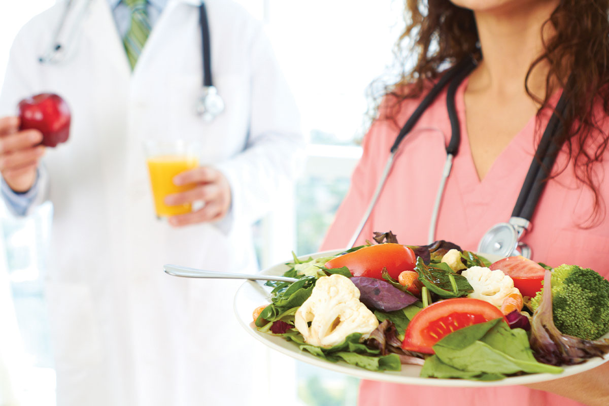 Hospital workers grabbing salad