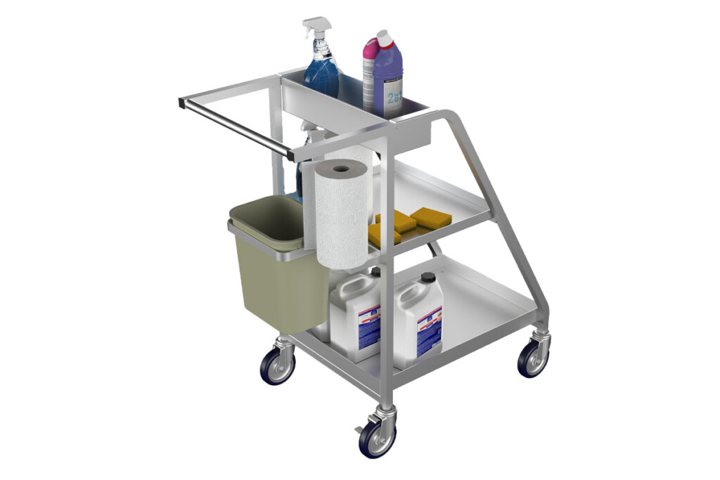 Small and constructed of aluminum, the Sanitizer Cart by Winholt serves as an all-in-one cleaning station that employees can move around and use to clean counters, fixtures and more. Fill it with cleaning supplies, paper towels and a trash bin. winholt.com