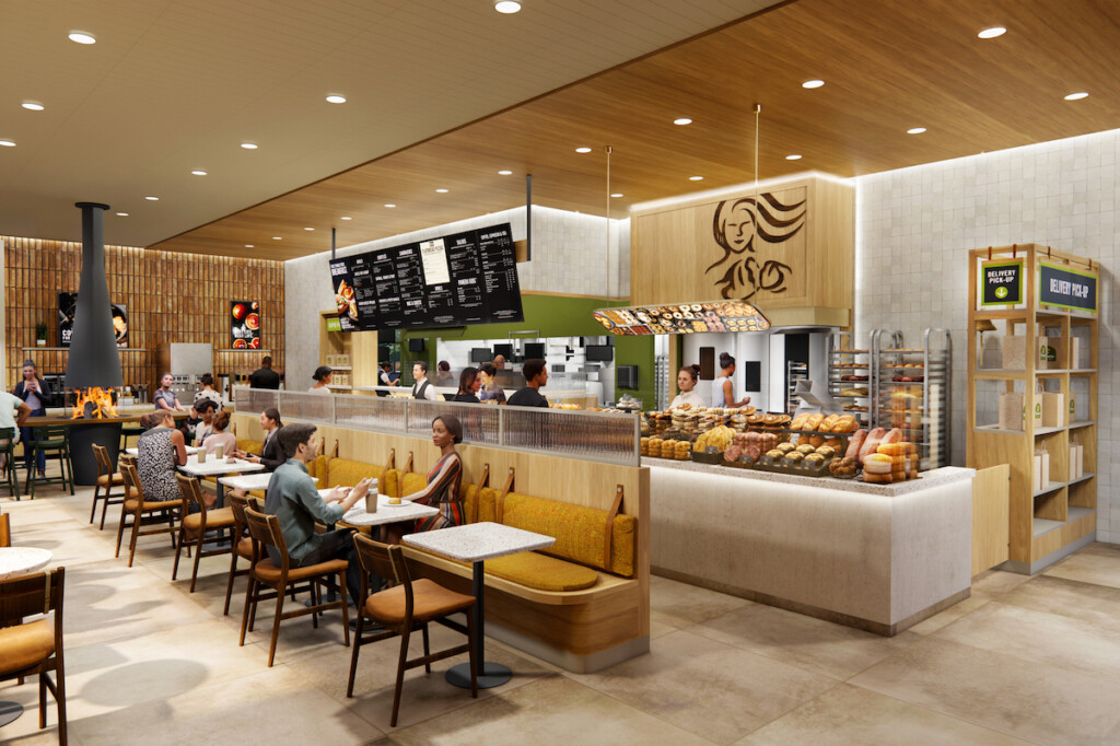 While the new concept features plentiful off-premise upgrades, the company said it's also “betting on dine-in" with features including a fireplace and more. Rendering Courtesy of Panera Bread