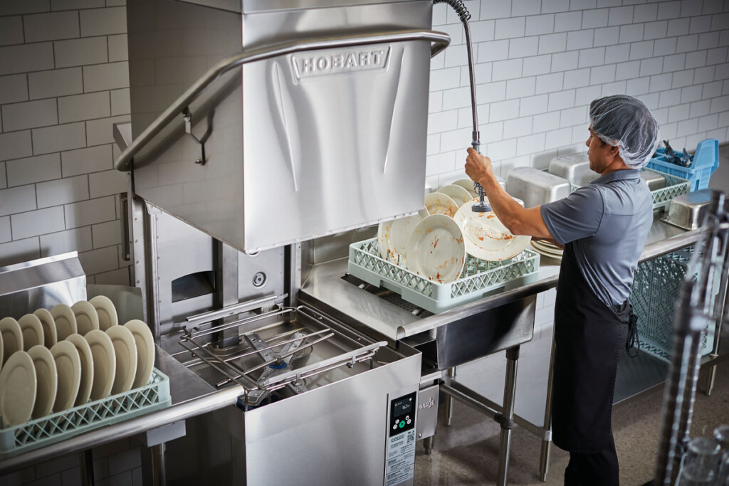 Door-type dishmachines work well in smaller volume operations that use permanent dishware. Courtesy of Hobart.