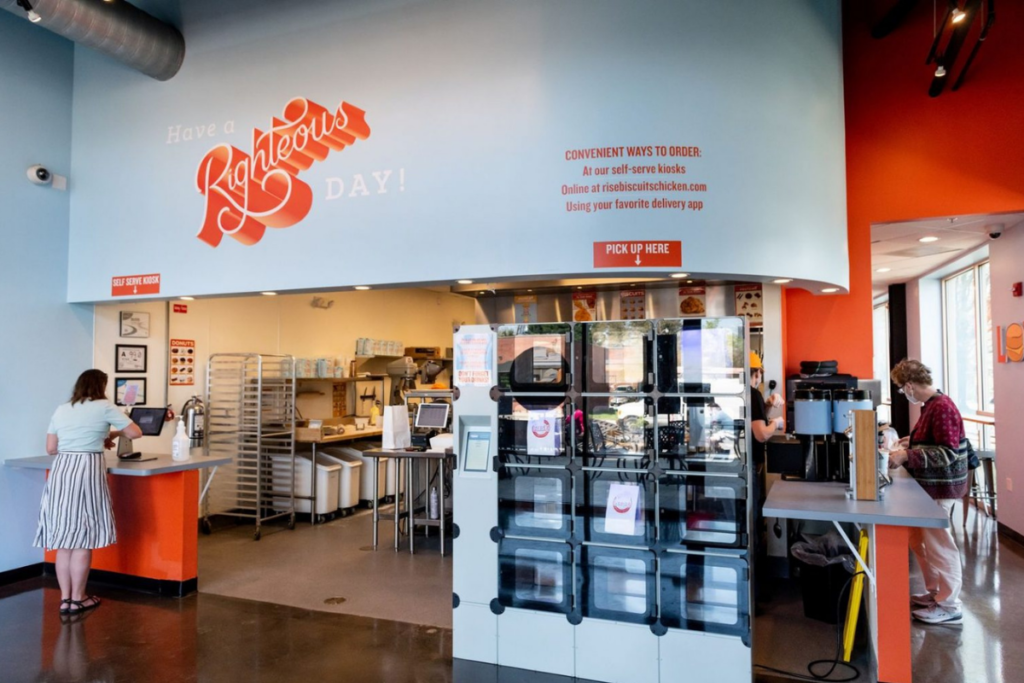 Rise Southern Biscuits and Righteous Chicken has invested in technology like in-store kiosks and temperature-controlled food lockers to help combat labor shortages. Courtesy of Rise Southern Biscuits and Righteous Chicken.